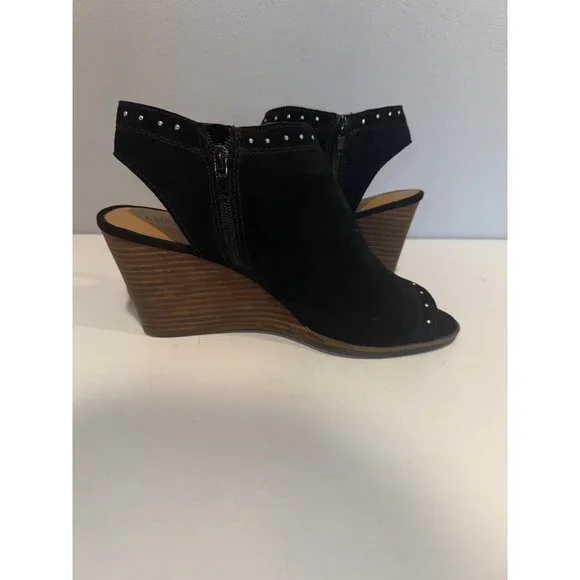 Lucky Brand Womens Shoes Sz 9 Ulyssas Black Suede Leather Peep Toe Wedge Booties - Picture 6 of 11